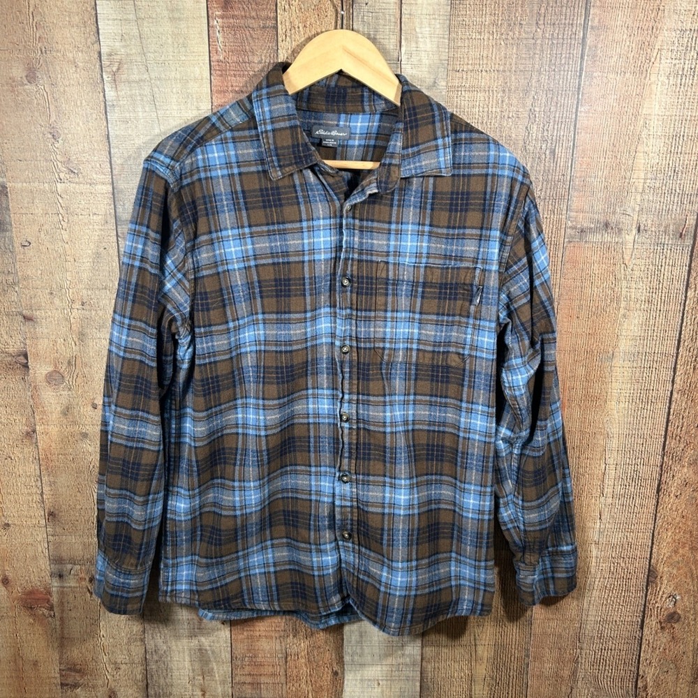 Eddie Bauer Mens Large Brown Blue Plaid Flannel Long Sleeve Shirt Lumberjack